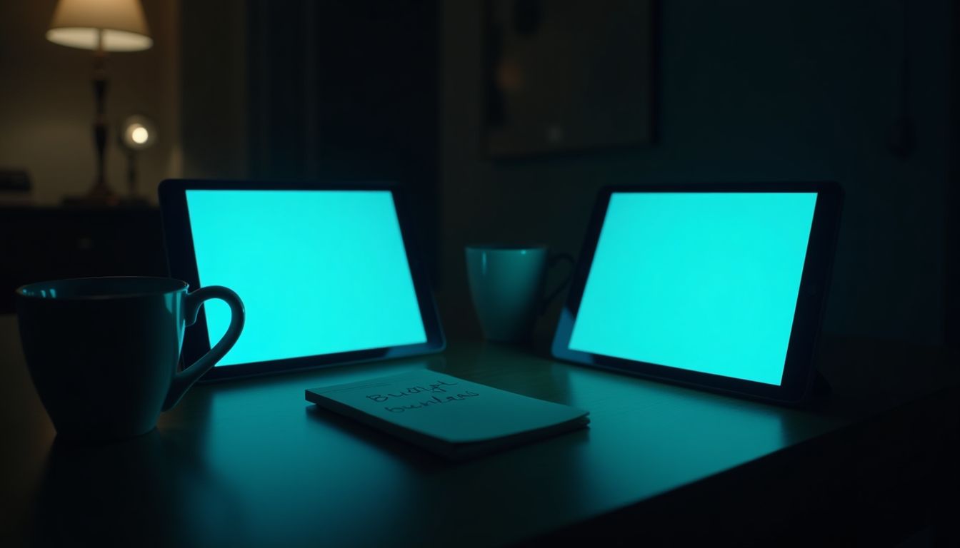 Two tablets glowing with AI chat windows on a dark desk, cyan screen light catching a coffee cup and a notebook, cinematic shallow depth of field, thoughtful mood — AI tool cost and choice guide