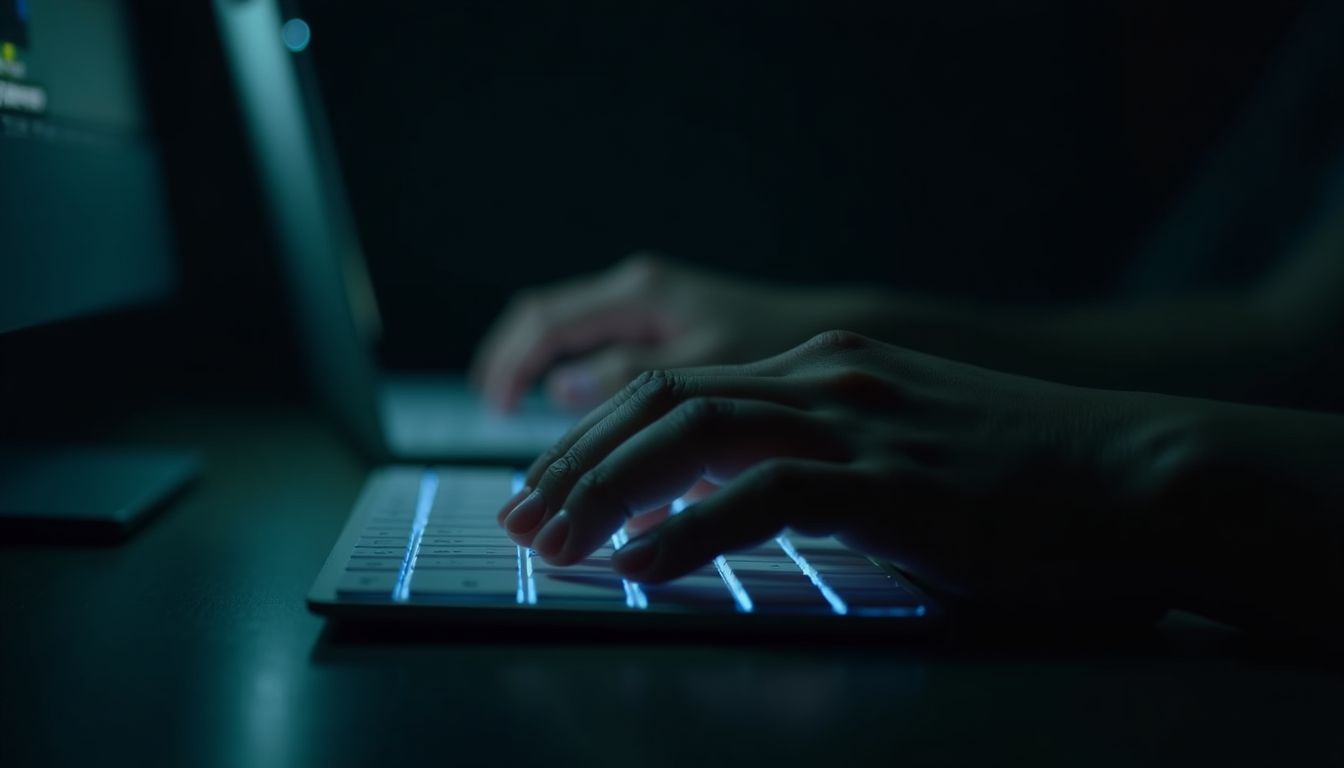Hands typing at a keyboard in a dark room, a soft cyan glow on the keys and a faint shield-shaped light reflection on the desk, calm focused cinematic mood — AI prompt and privacy guide