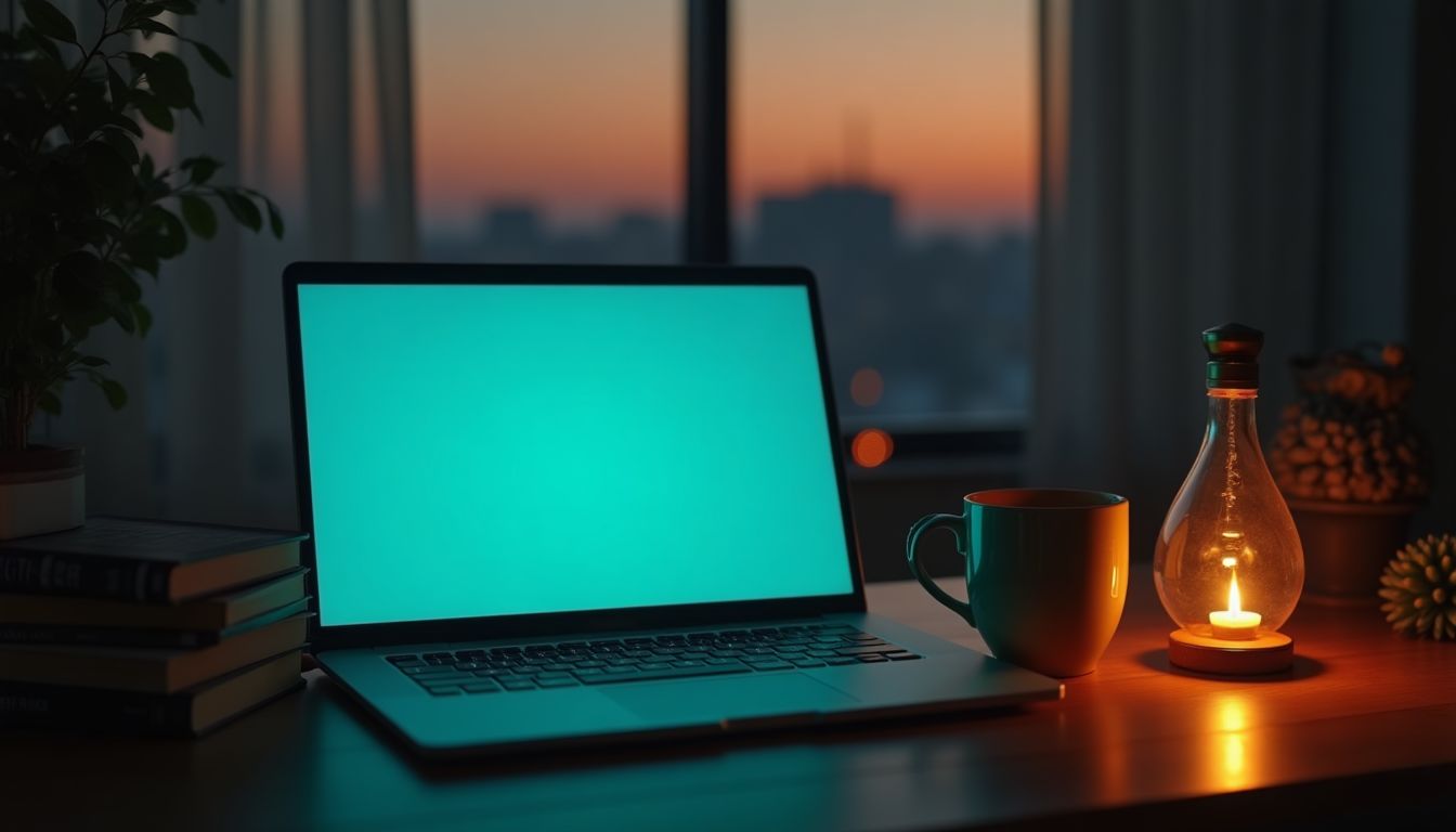 A laptop with an open chat window beside a textbook and a coffee mug at dusk, cyan screen light mixing with warm lamp light, balanced calm cinematic mood — AI at work, study and life guide